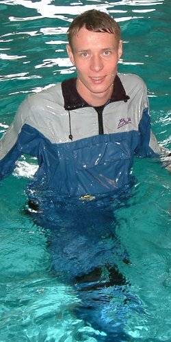 pool wading fully clothed in anorak training suit